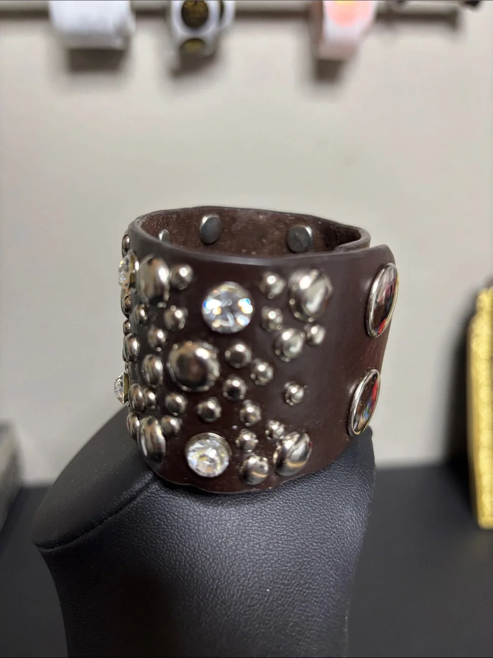 Studded Brown Leather Cuff Bracelet with Clear Crystals